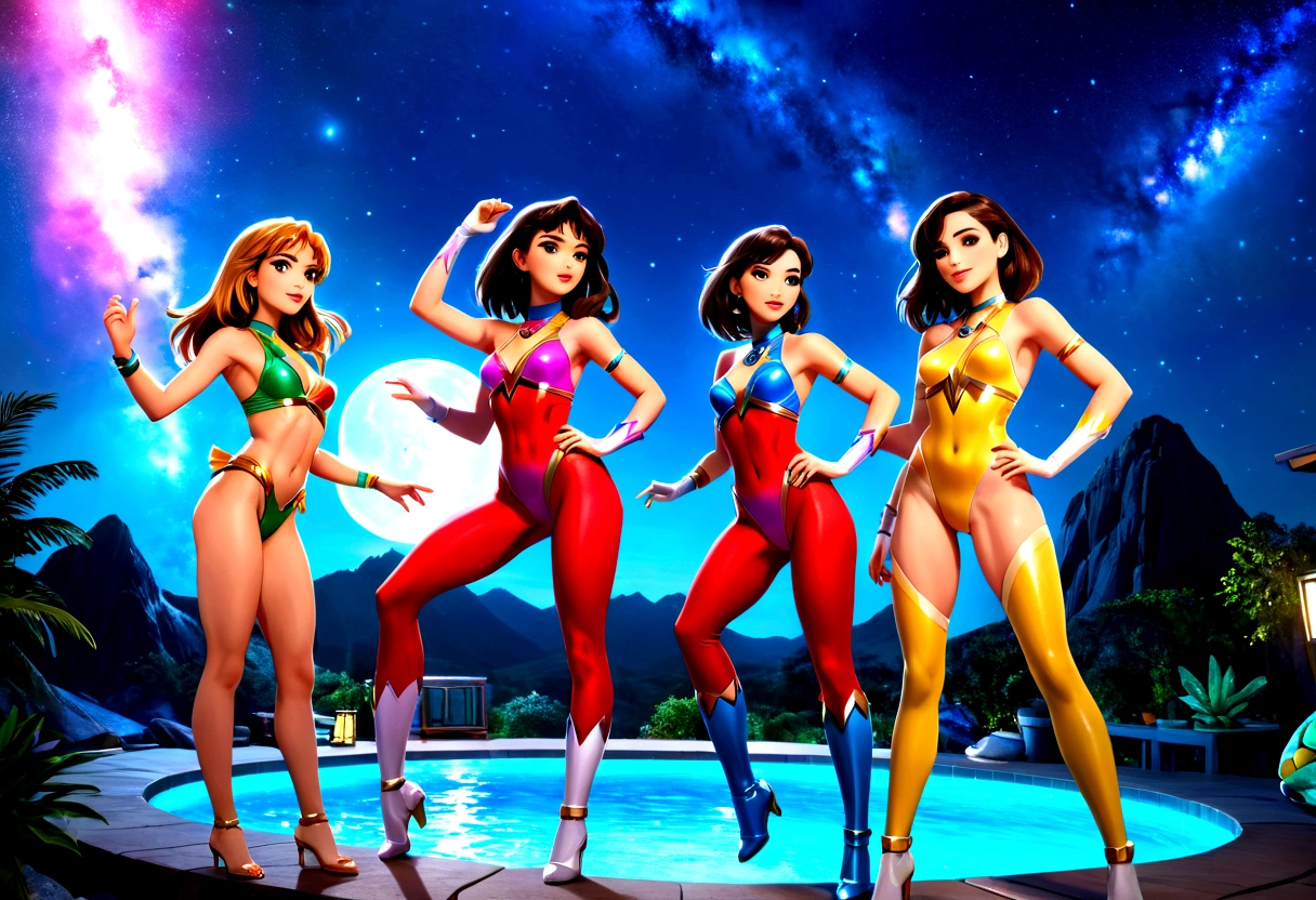 a colorful group of power rangers in vibrant swimsuits enjoying a pool party, zoids dancing among the stars in a magical night sky on a ranger asteroid, detailed cinematic lighting, vibrant colors, dynamic poses, (best quality,4k,8k,highres,masterpiece:1.2),ultra-detailed,(realistic,photorealistic,photo-realistic:1.37),cinematic lighting, stunning vfx, highly detailed characters, dynamic action scene, vivid colors, fantasy sci-fi landscape
