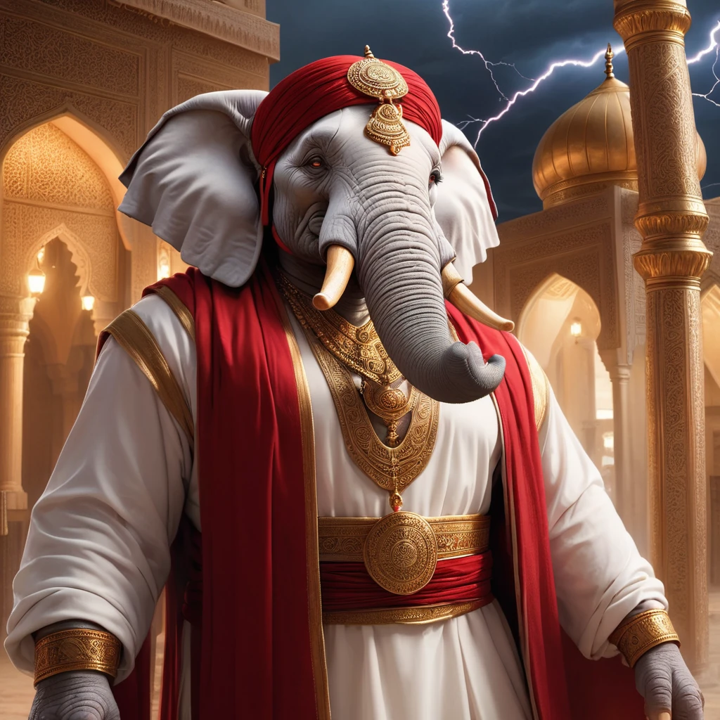 (1 white elephant-humanoid male with lightbody fur:1.5), solo, wearing arabic priest cloathing, red turban på hovedet, fullbody-image, facing viewers, detailed elephant cleric male, long beefy carved tusks, semi strong body, (smirk:1.1), (nose blush:1.1), (big yellow eyes:1.1), (hvid pels:1.1), beautiful detailed face, cinematic lighting, shot on canon 5d, 2 two perfect tusks, one perfect trunk, 4 fingers on both hands, detailed background of an Arabic city bay, with a lighting storm in the horizon. No jewellery at all.