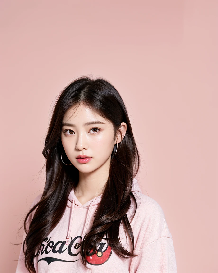 Realistic, 8K, masterpiece, RAW Photos, Highest quality, Realistic, 非常に詳細な CG Unity 8K 壁紙, Written boundary depth, Cinematic Light, Lens flare, Ray Tracing, Perfect lighting,short hair, (Delicate skin), (Delicate face), (Pop Background :1.1), Person standing and watching、Comical movement,1 female,hoodie、Headphones,(Pink Background),Modern Style,Artistic,mobile composition,Unique Pattern,Bold Texture,colorful,Imaginative,Whimsical,Vibrant,like々Shii,Playful,Vibrant,creative,Expressive,stylish,tendency,One Girl,Eating an apple、Coca-Cola Poster、Lemon on the background