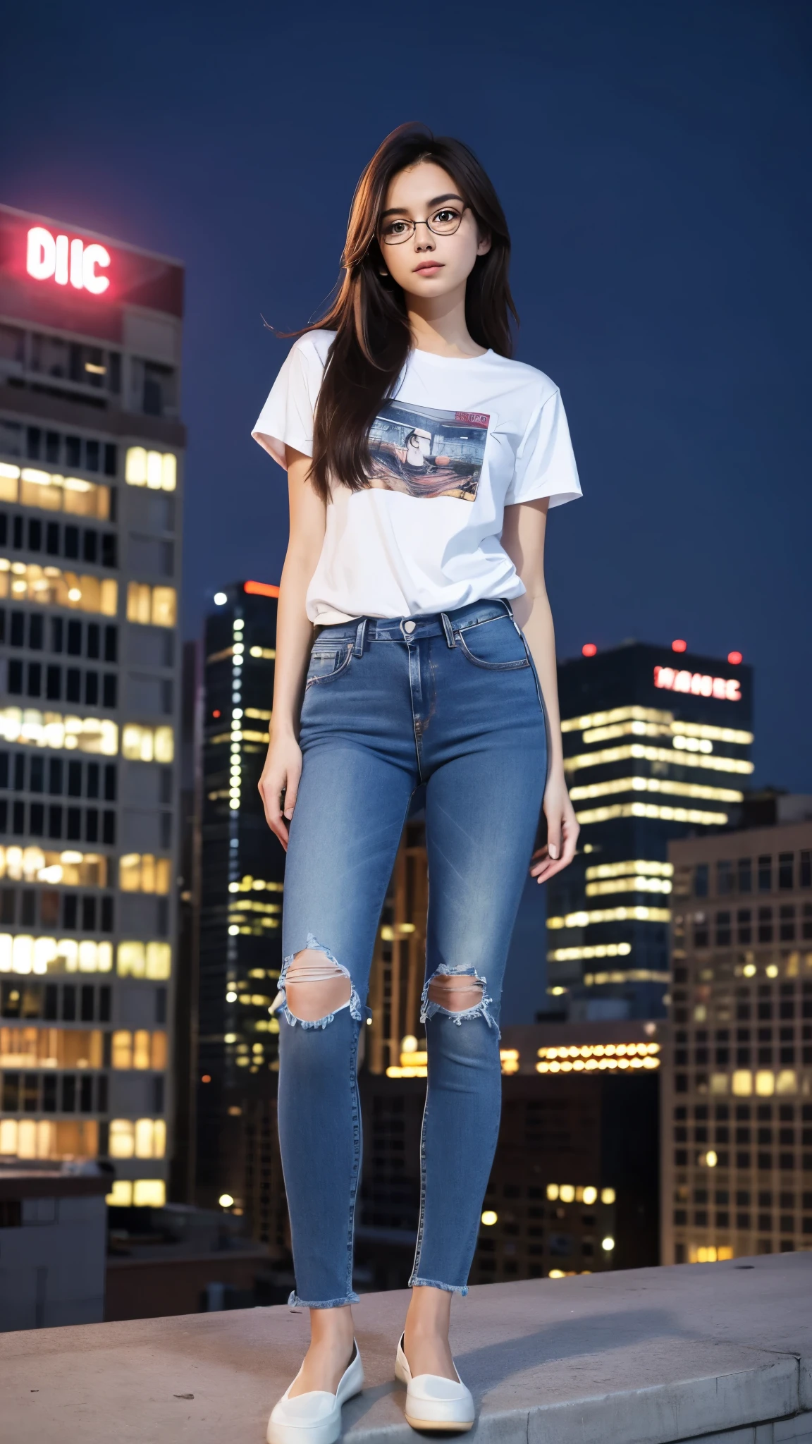 Glasses Beauty whole body Thin legs Jeans T-Shirts long hair Night view On top of a building D Cup