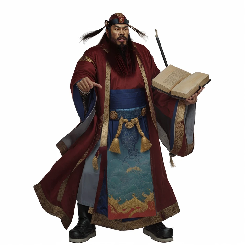 tan skin chinese ancient officer, red wild beard, luxurious red robe, holding a book, a floating Chinese brush on book, one hand put at the back, officer hat, furious look, angry, taoist priest, 2 extended hard headdresses from his hat
