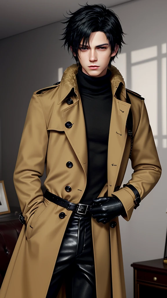 Final fantasy taste and reality graphics, Japanese young cute and cool ikemen boy, his age is early 20s, thin eyebrows and beady eyes, he wearing orange beige color double brest very thick trench coat, with a black color neck fur.,neck fur is black color, must black neck fur,
Must tighten your belt og coat, with epaulet, must close the front of the trench coat,, must trench coat cloth the front, also wearing black very thick turtleneck lackluster shirts, tight black leather pants, shiny black leather tight and must put on a thin leather glove both hands, black leather knee-high raceup boots,must views head-to-toe,must views whole body, boy looks like fashion model,Do not show skin from the neck down,leather jacket leather glove and leather pants have few wrinkles,boy in the room,,Avoid showing your innerwear,must close coats waist belt.