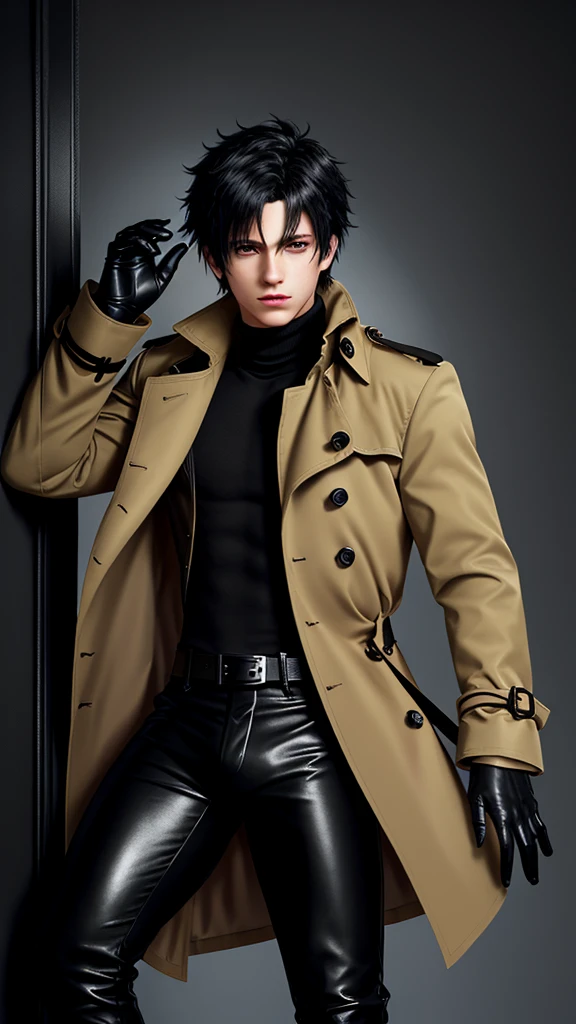 Final fantasy taste and reality graphics, Japanese young cute and cool ikemen boy, his age is early 20s, thin eyebrows and beady eyes, he wearing orange beige color double brest very thick trench coat, with a black color neck fur.,neck fur is black color, must black neck fur,
Must tighten your belt og coat, with epaulet, must close the front of the trench coat,, must trench coat cloth the front, also wearing black very thick turtleneck lackluster shirts, tight black leather pants, shiny black leather tight and must put on a thin leather glove both hands, black leather knee-high raceup boots,must views head-to-toe,must views whole body, boy looks like fashion model,Do not show skin from the neck down,leather jacket leather glove and leather pants have few wrinkles,boy in the room,,Avoid showing your innerwear,must close coats waist belt.