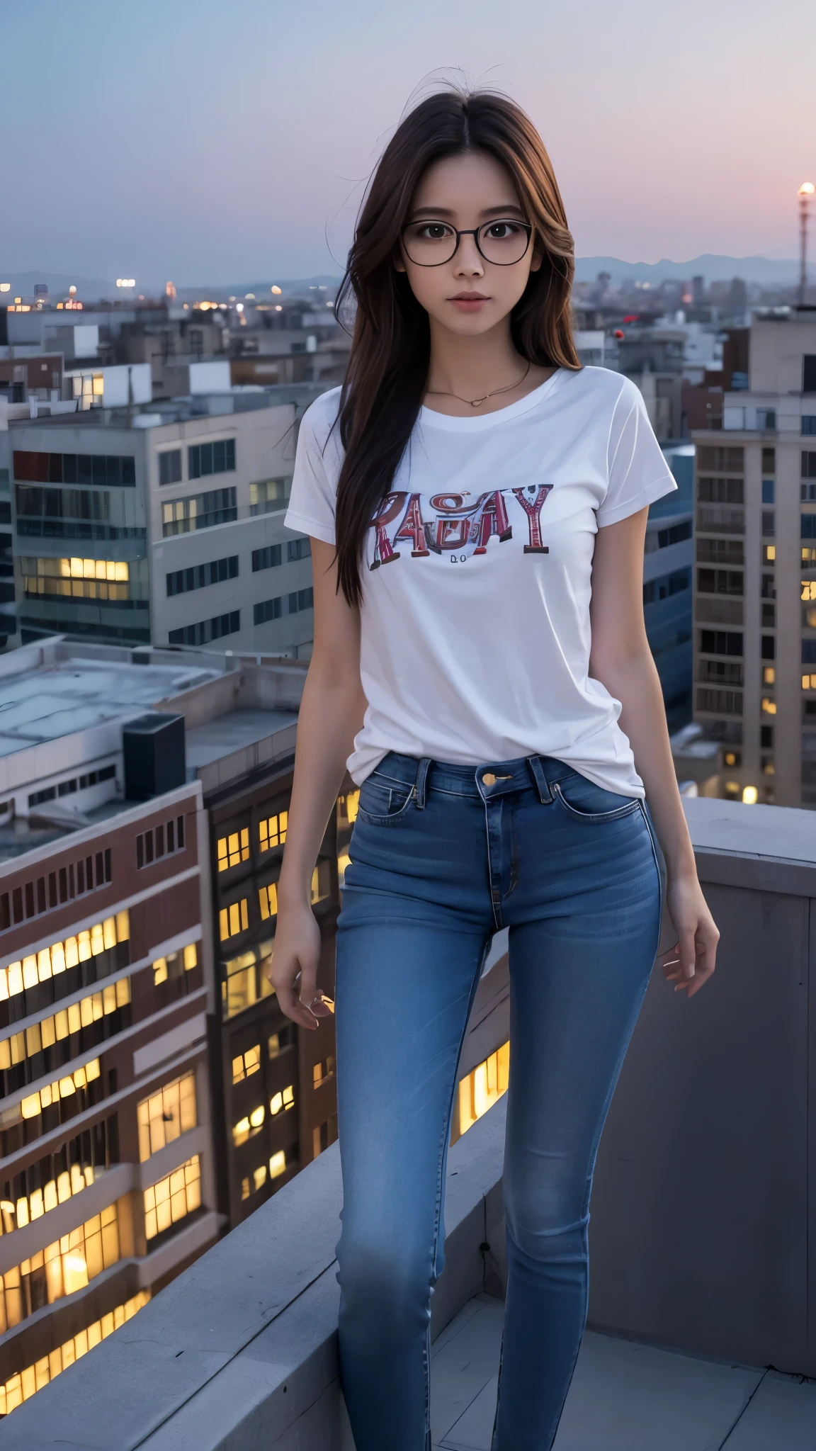 Glasses　Beauty　whole body　Thin legs　Jeans　T-Shirts　long hair　Night view　On top of a building　D Cup
