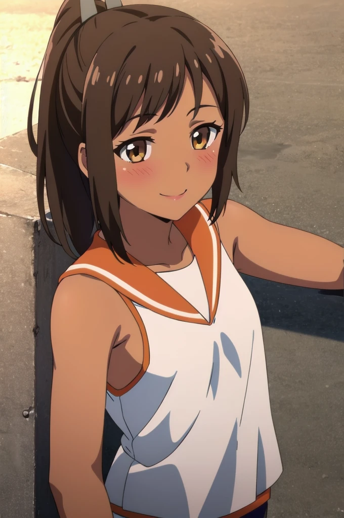 One Girl, alone, whole body, blush, smile, I401KC, Brown Hair, Short ponytail, White shirt, Sleeveless,One piece swimsuit, Bare arms, Sleeveless shirt, headgear, School Swimsuit, Sunburn, Sunburnlines, dark skin, Wear a swimsuit under your clothes, Sailor shirt, Orange sailor collar, 