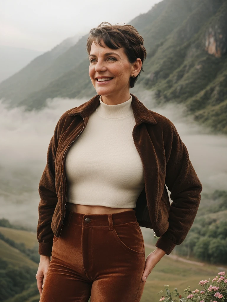 1 girl, photorealistic, realistic, her name is Elise, middle age, a 45-year-old woman with gray hair, body of 45-year-old woman, wrinkles on her face and body, Alpine woman, ((dark brown hair, short hair))), smiling,(((dynamic pose))), nudity, (((The quiet mountains are shrouded in a sea of mist.,Stunning sunrise casting warm hues,Beautiful flowers bloomed in front of us.,The atmosphere is dreamy and peaceful.,Beautiful landscape of Thailand,Harmony between nature and humanity))), (((she choose a cropped corduroy jacket is tailored with a slightly boxy silhouette, featuring a plush texture and a rich color like brown. Its cropped length accentuates the waistline and adds structure to the ensemble. There is no top beneath the jacket, she paired it with color black high-waisted cycling shorts in a sleek, stretchy fabric that conforms to her figure))), (((but out)))