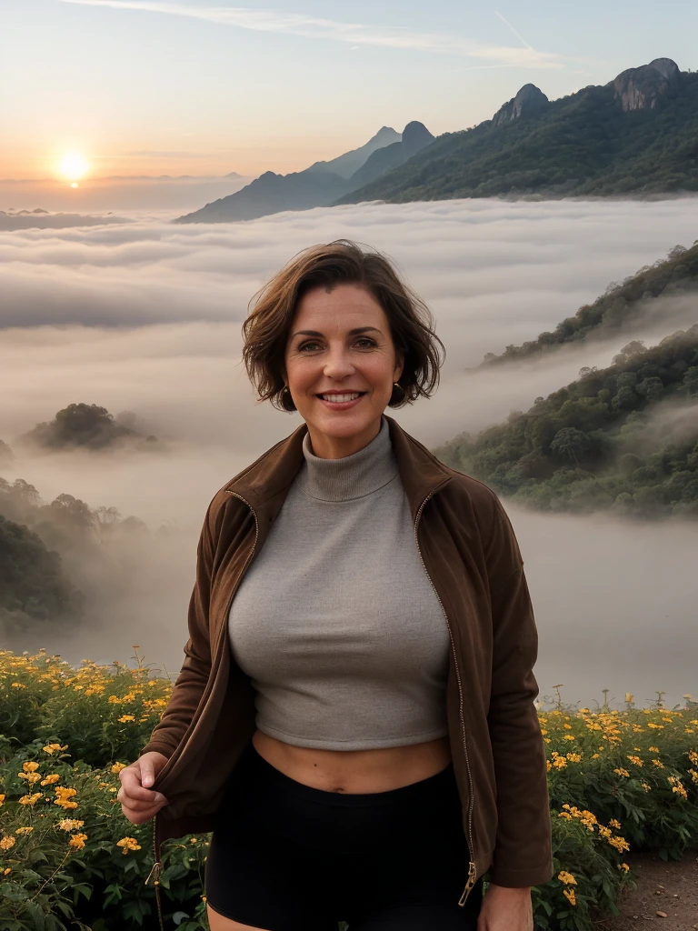 1 girl, photorealistic, realistic, her name is Elise, middle age, a 45-year-old woman with gray hair, body of 45-year-old woman, wrinkles on her face and body, Alpine woman, ((dark brown hair, short hair))), smiling,(((dynamic pose))), nudity, (((The quiet mountains are shrouded in a sea of mist.,Stunning sunrise casting warm hues,Beautiful flowers bloomed in front of us.,The atmosphere is dreamy and peaceful.,Beautiful landscape of Thailand,Harmony between nature and humanity))), (((she choose a cropped corduroy jacket is tailored with a slightly boxy silhouette, featuring a plush texture and a rich color like brown. Its cropped length accentuates the waistline and adds structure to the ensemble. There is no top beneath the jacket, she paired it with color black high-waisted cycling shorts in a sleek, stretchy fabric that conforms to her figure))), (((but out)))