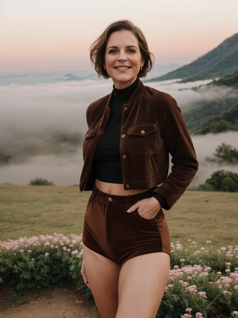 1 girl, photorealistic, realistic, her name is Elise, middle age, a 45-year-old woman with gray hair, body of 45-year-old woman, wrinkles on her face and body, Alpine woman, ((dark brown hair, short hair))), smiling,(((dynamic pose))), nudity, (((The quiet mountains are shrouded in a sea of mist.,Stunning sunrise casting warm hues,Beautiful flowers bloomed in front of us.,The atmosphere is dreamy and peaceful.,Beautiful landscape of Thailand,Harmony between nature and humanity))), (((she choose a cropped corduroy jacket is tailored with a slightly boxy silhouette, featuring a plush texture and a rich color like brown. Its cropped length accentuates the waistline and adds structure to the ensemble. There is no top beneath the jacket, she paired it with color black high-waisted cycling shorts in a sleek, stretchy fabric that conforms to her figure))), (((but out)))