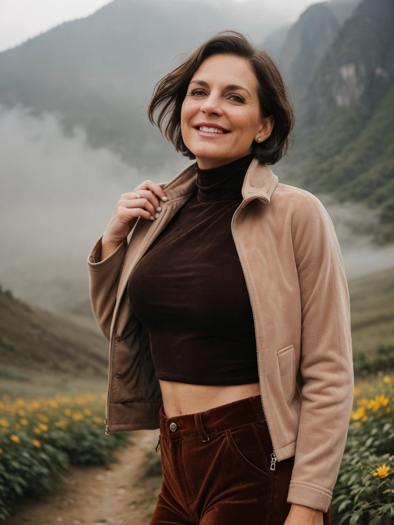1 girl, photorealistic, realistic, her name is Elise, middle age, a 45-year-old woman with gray hair, body of 45-year-old woman, wrinkles on her face and body, Alpine woman, ((dark brown hair, short hair))), smiling,(((dynamic pose))), nudity, (((The quiet mountains are shrouded in a sea of mist.,Stunning sunrise casting warm hues,Beautiful flowers bloomed in front of us.,The atmosphere is dreamy and peaceful.,Beautiful landscape of Thailand,Harmony between nature and humanity))), (((she choose a cropped corduroy jacket is tailored with a slightly boxy silhouette, featuring a plush texture and a rich color like brown. Its cropped length accentuates the waistline and adds structure to the ensemble. There is no top beneath the jacket, she paired it with color black high-waisted cycling shorts in a sleek, stretchy fabric that conforms to her figure))), (((but out)))