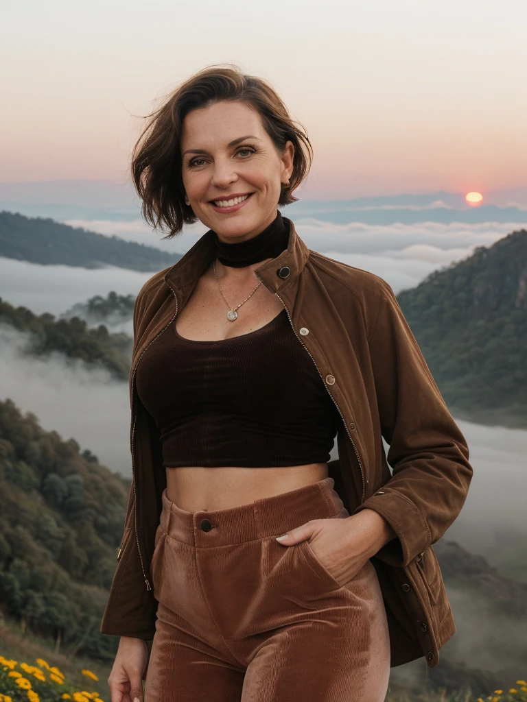 1 girl, photorealistic, realistic, her name is Elise, middle age, a 45-year-old woman with gray hair, body of 45-year-old woman, wrinkles on her face and body, Alpine woman, ((dark brown hair, short hair))), smiling,(((dynamic pose))), nudity, (((The quiet mountains are shrouded in a sea of mist.,Stunning sunrise casting warm hues,Beautiful flowers bloomed in front of us.,The atmosphere is dreamy and peaceful.,Beautiful landscape of Thailand,Harmony between nature and humanity))), (((she choose a cropped corduroy jacket is tailored with a slightly boxy silhouette, featuring a plush texture and a rich color like brown. Its cropped length accentuates the waistline and adds structure to the ensemble. There is no top beneath the jacket, she paired it with color black high-waisted cycling shorts in a sleek, stretchy fabric that conforms to her figure))), (((but out)))