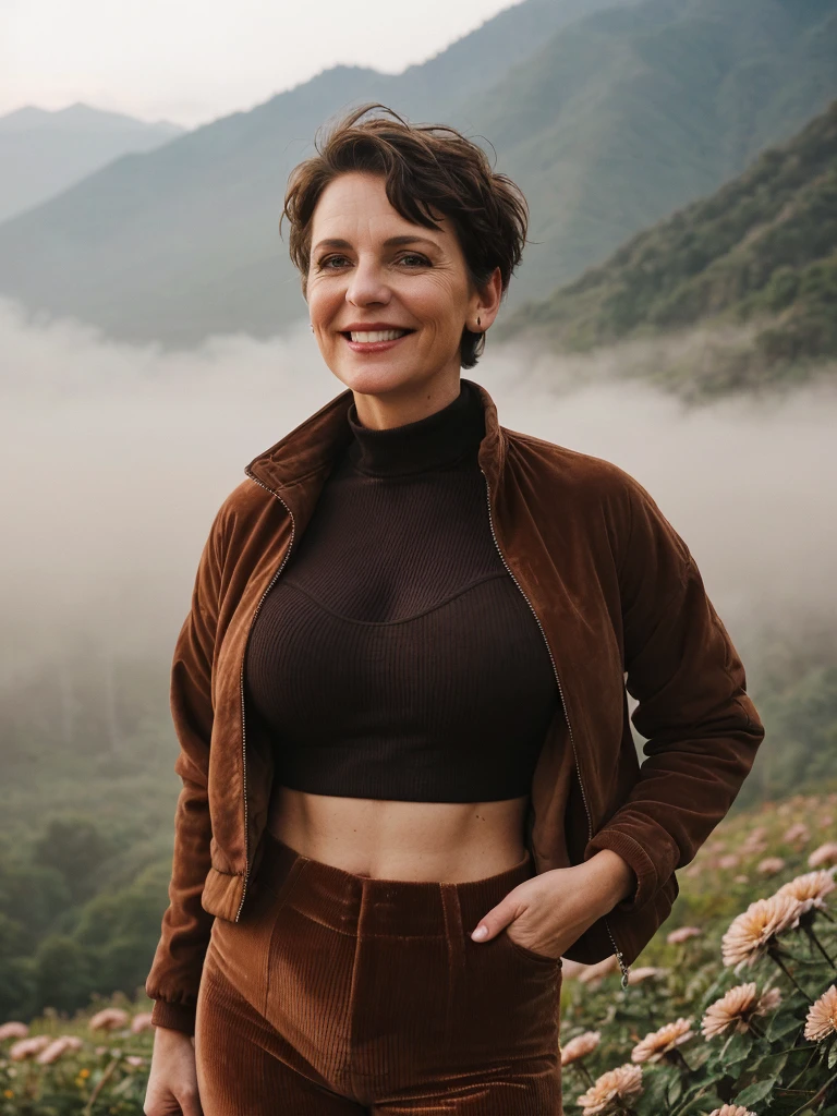 1 girl, photorealistic, realistic, her name is Elise, middle age, a 45-year-old woman with gray hair, body of 45-year-old woman, wrinkles on her face and body, Alpine woman, ((dark brown hair, short hair))), smiling,(((dynamic pose))), nudity, (((The quiet mountains are shrouded in a sea of mist.,Stunning sunrise casting warm hues,Beautiful flowers bloomed in front of us.,The atmosphere is dreamy and peaceful.,Beautiful landscape of Thailand,Harmony between nature and humanity))), (((she choose a cropped corduroy jacket is tailored with a slightly boxy silhouette, featuring a plush texture and a rich color like brown. Its cropped length accentuates the waistline and adds structure to the ensemble. There is no top beneath the jacket, she paired it with color black high-waisted cycling shorts in a sleek, stretchy fabric that conforms to her figure))), (((but out)))