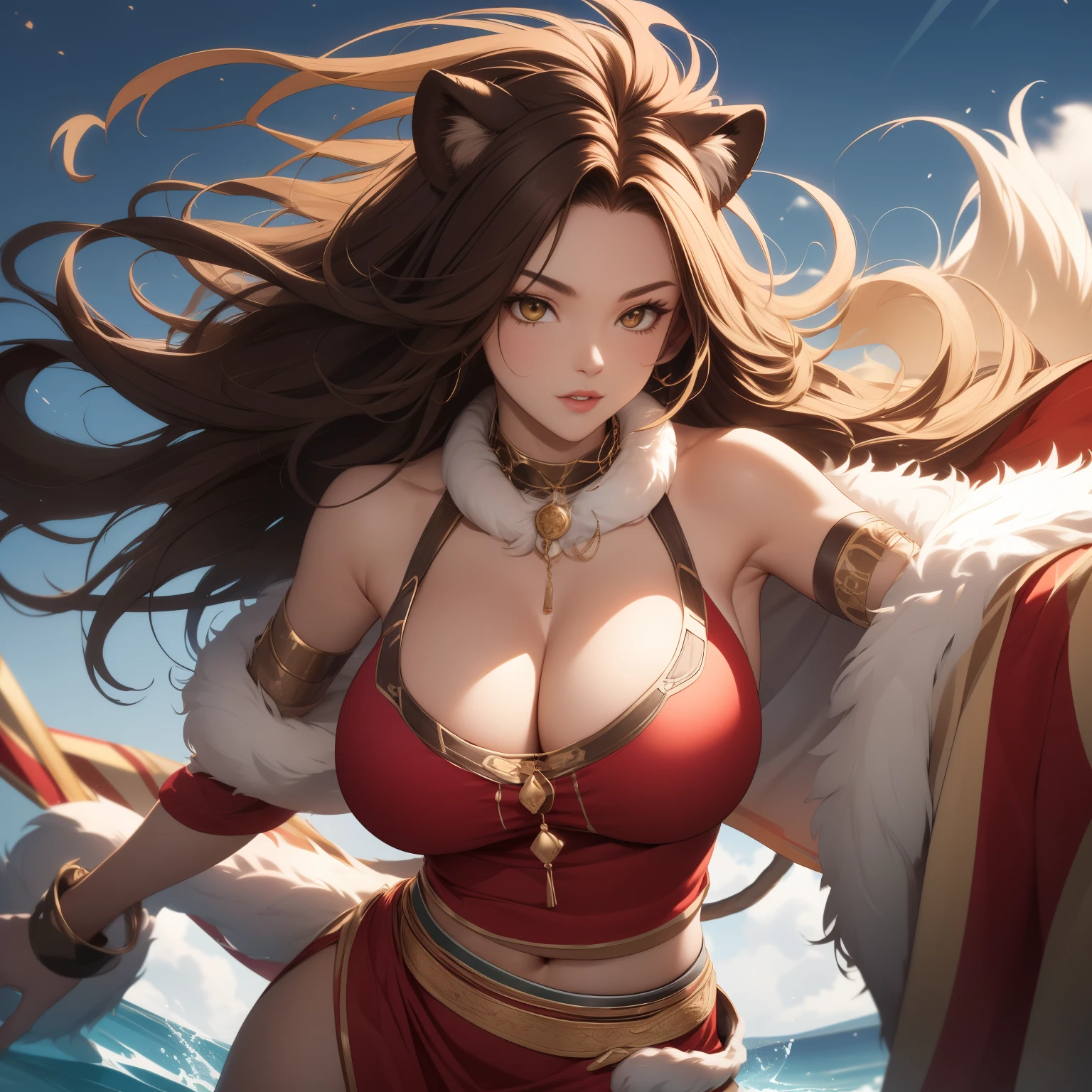 Raphtaliam 35 years old, voluminous brown hair, by the floating, lion ears, voluminous fur, big breasts, Lion tail, low cut fur tribal clothing, Lion's mane, sweaty body, drops of sweat on chest, African savanna background,