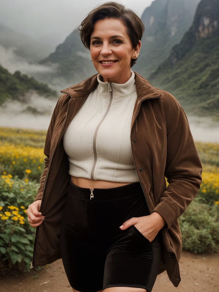 1 girl, photorealistic, realistic, her name is Elise, middle age, a 45-year-old woman with gray hair, body of 45-year-old woman, wrinkles on her face and body, Alpine woman, ((dark brown hair, short hair))), smiling,(((dynamic pose))), nudity, (((The quiet mountains are shrouded in a sea of mist.,Stunning sunrise casting warm hues,Beautiful flowers bloomed in front of us.,The atmosphere is dreamy and peaceful.,Beautiful landscape of Thailand,Harmony between nature and humanity))), (((she choose a cropped corduroy jacket is tailored with a slightly boxy silhouette, featuring a plush texture and a rich color like brown. Its cropped length accentuates the waistline and adds structure to the ensemble. There is no top beneath the jacket, she paired it with color black high-waisted cycling shorts in a sleek, stretchy fabric that conforms to her figure))), (((but out)))