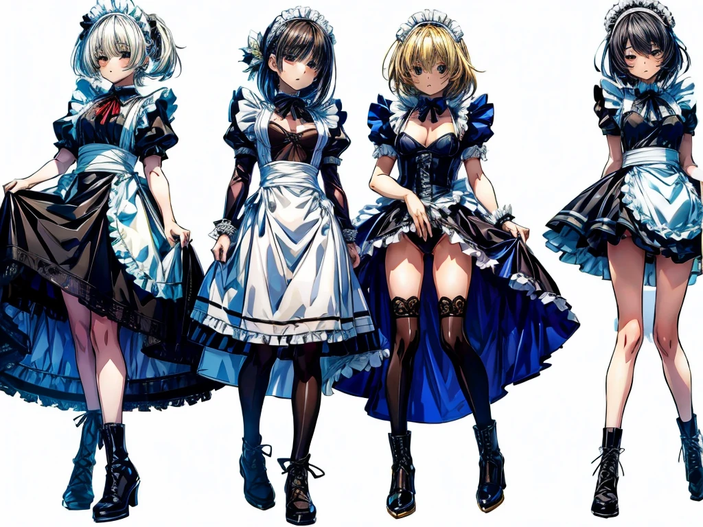 (Perfect Anatomy:1.2, Highest quality),(Maid leotard details:1.6),(Five Girls:1.6),Long Hair:1.5, (Short sleeve, Thighs,Maid Cufflinks),,Hypno Lola, Hollow Eyes,High heel lace-up boots,Dark aura,(Leotrad),,From below,love for viewers,Look down,(whole body:1.4),Show Viewer, Rubble pile