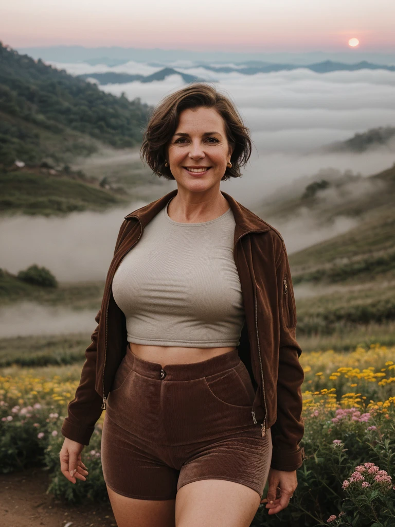 1 girl, photorealistic, realistic, her name is Elise, middle age, a 45-year-old woman with gray hair, body of 45-year-old woman, wrinkles on her face and body, Alpine woman, ((dark brown hair, short hair))), smiling,(((dynamic pose))), nudity, (((The quiet mountains are shrouded in a sea of mist.,Stunning sunrise casting warm hues,Beautiful flowers bloomed in front of us.,The atmosphere is dreamy and peaceful.,Beautiful landscape of Thailand,Harmony between nature and humanity))), (((she choose a cropped corduroy jacket is tailored with a slightly boxy silhouette, featuring a plush texture and a rich color like brown. Its cropped length accentuates the waistline and adds structure to the ensemble. There is no top beneath the jacket, she paired it with color black high-waisted cycling shorts in a sleek, stretchy fabric that conforms to her figure))), (((but out)))