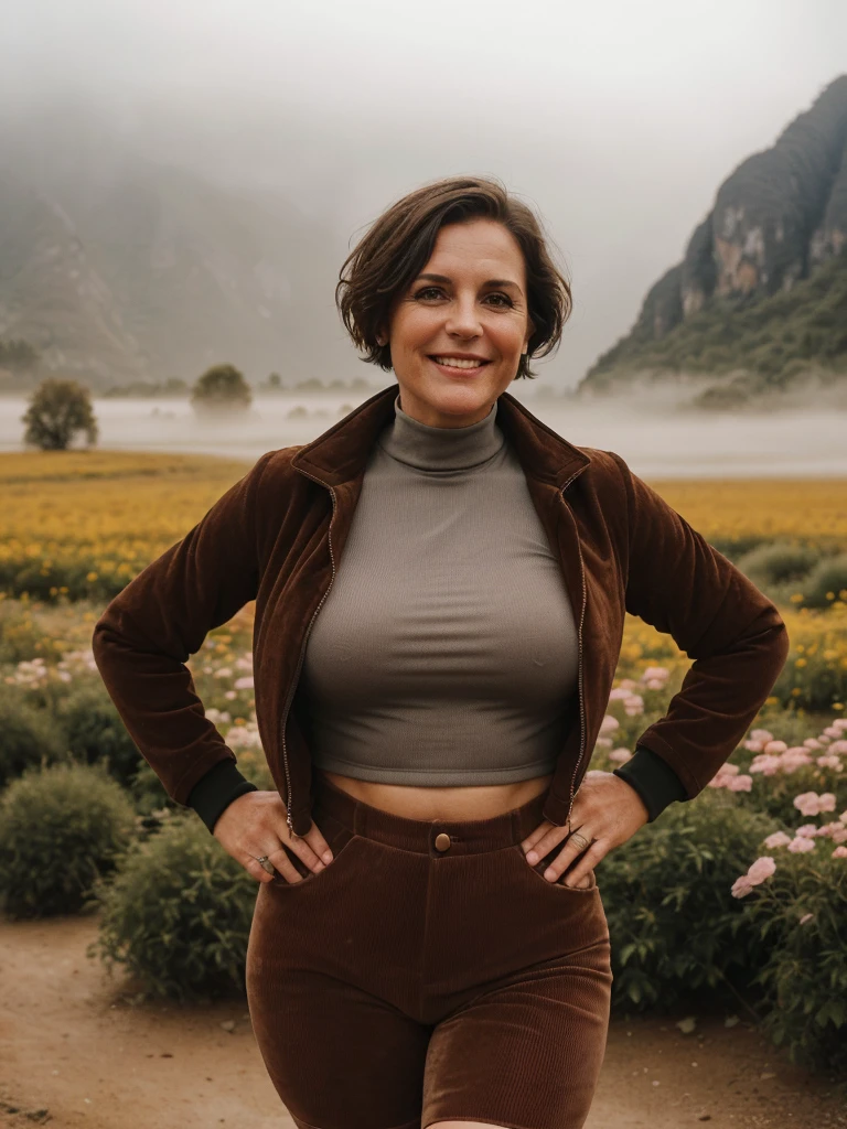 1 girl, photorealistic, realistic, her name is Elise, middle age, a 45-year-old woman with gray hair, body of 45-year-old woman, wrinkles on her face and body, Alpine woman, ((dark brown hair, short hair))), smiling,(((dynamic pose))), nudity, (((The quiet mountains are shrouded in a sea of mist.,Stunning sunrise casting warm hues,Beautiful flowers bloomed in front of us.,The atmosphere is dreamy and peaceful.,Beautiful landscape of Thailand,Harmony between nature and humanity))), (((she choose a cropped corduroy jacket is tailored with a slightly boxy silhouette, featuring a plush texture and a rich color like brown. Its cropped length accentuates the waistline and adds structure to the ensemble. There is no top beneath the jacket, she paired it with color black high-waisted cycling shorts in a sleek, stretchy fabric that conforms to her figure))), (((but out)))