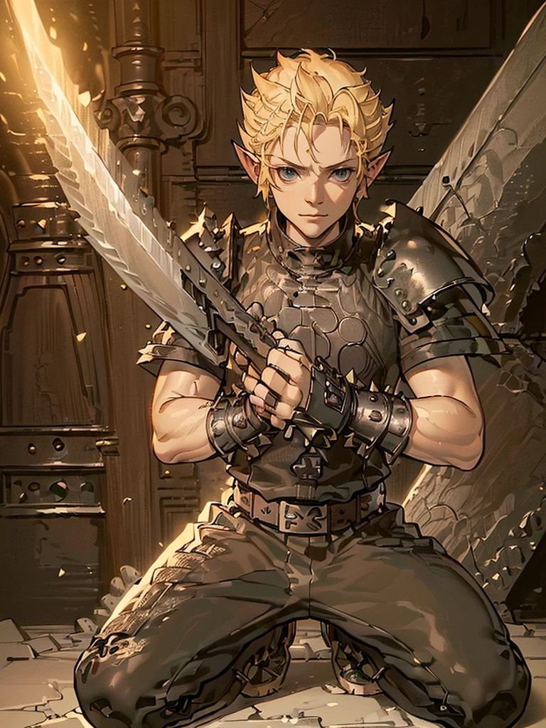 (((Masterpiece of the highest quality))), (((medieval fantasy))), (((Extreme details))), ((medieval fantasy swordsman)), ((based on cloud strife)), (medieval punk), ((fantasy great sword)), (((ultra detailed))), (((male))), ((male elf)), ((A 25 year old elf.))), (175 cm tall), ((blonde short spiky hair)), ((Brown eyes)), ((Exquisite and detailed face and eyes)), ((detailed expressive eyes)), ((Perfect eyes)), ((perfect detailed hands)), ((smiling rage expression)), ((medieval half steel half black letter armor)), ((holding a great broadsword in his hands)), ((detailed great sword)), (((4k))), ((Additional quality)), (Additional details), ((exquisite eyes)), ((dynamic battle pose)), ((battle Background)), ((cinematic lighting)), (((full body))), ((extreme care to detail)), ((movie effects)), (war zone background)