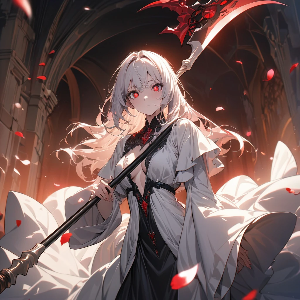 one beautiful Germans girl's Grim Reaper,teenagers,wearing robe,She's standing with a scythe,Look in here,luxury,The petals of red equinoctial flowers dance,(((masterpiece))), (((best quality))), ((ultra-detailed)), (illustration), (detailed light),((an extremely delicate and beautiful)),(beautiful detailed eyes),red eyes