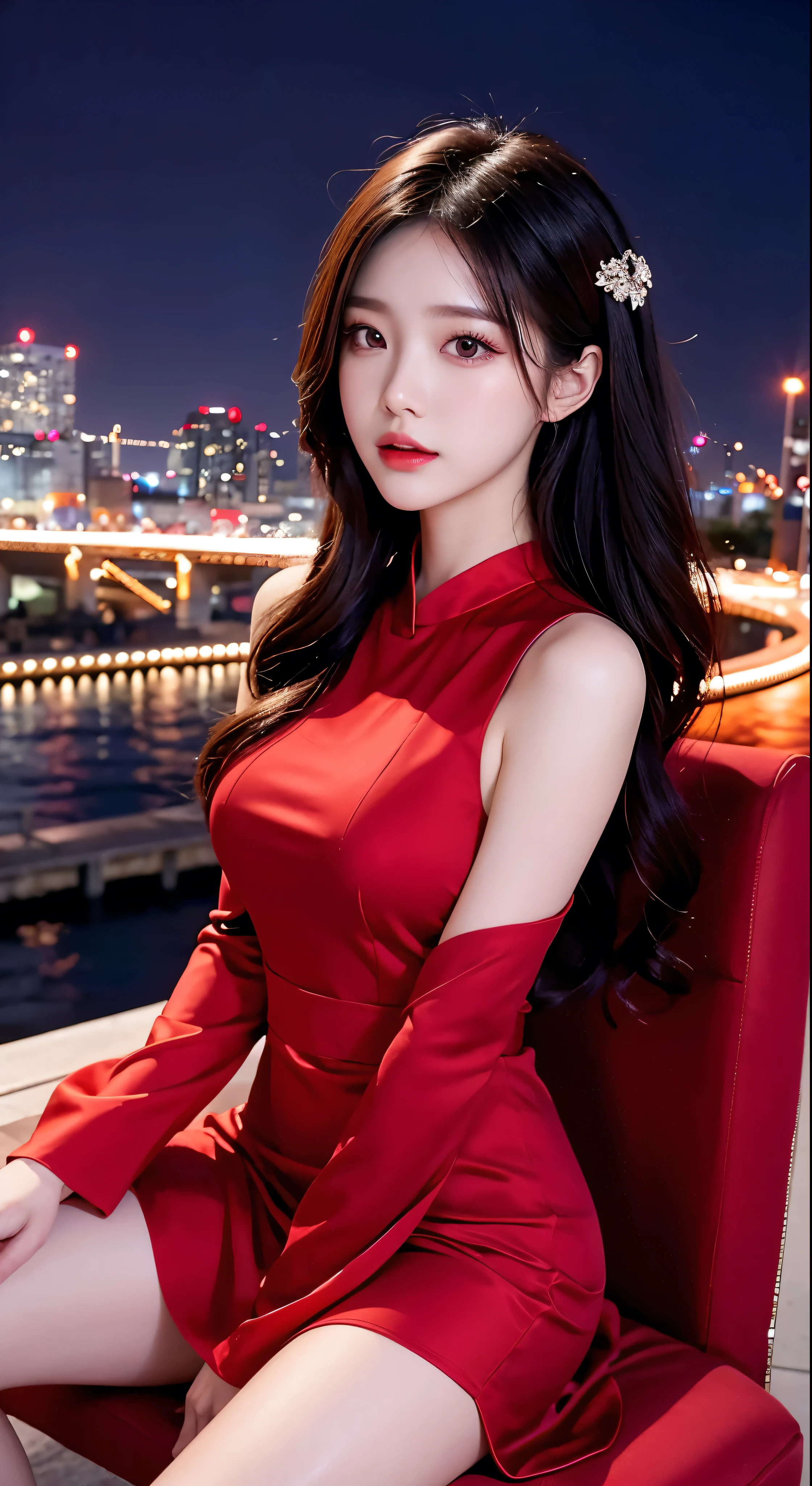 Sitting on a chair in a blue dress、Korean female fashion model、Elegant clothes、Glossy clothes、Lucky me, I see、Highest quality、masterpiece、Ultra-high resolution、Realistic、Cityscape in the background