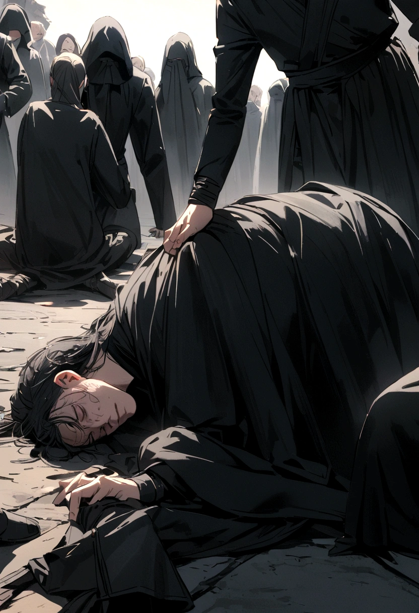 A group of about 10 people dressed in black with their faces covered , He sat down on the ground, holding his head in pain