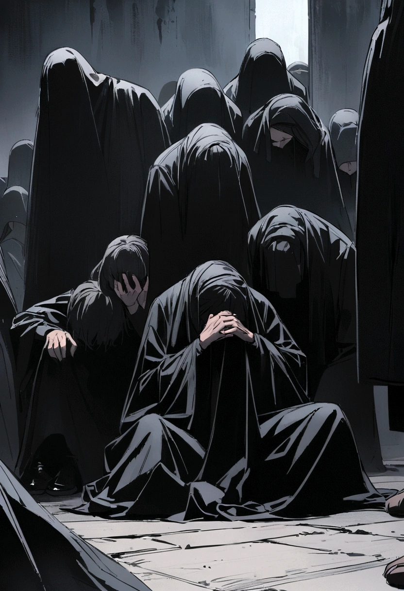 A group of about 10 people dressed in black with their faces covered , He sat down on the ground, holding his head in pain