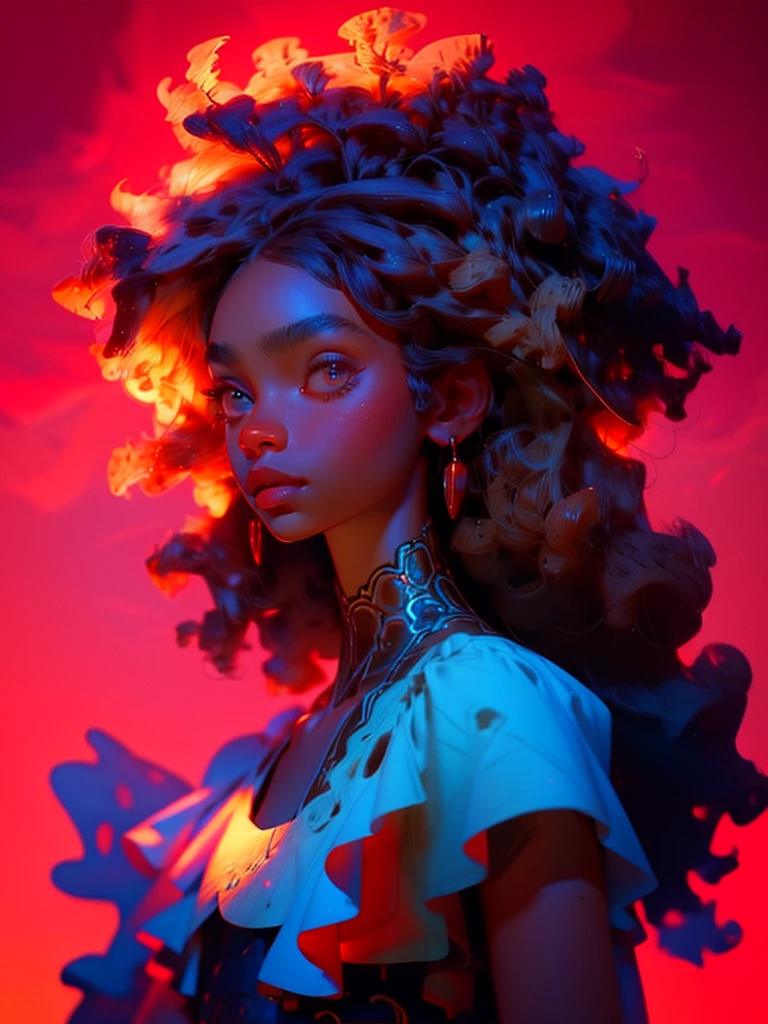 Very detailed, realistic, beautiful black woman, wearing dress, pretty woman, brown skin, HD, pretty face, vivid colors, high quality, afro, afro hair, black woman, warm tones, natural lighting, colorful ocean in background
