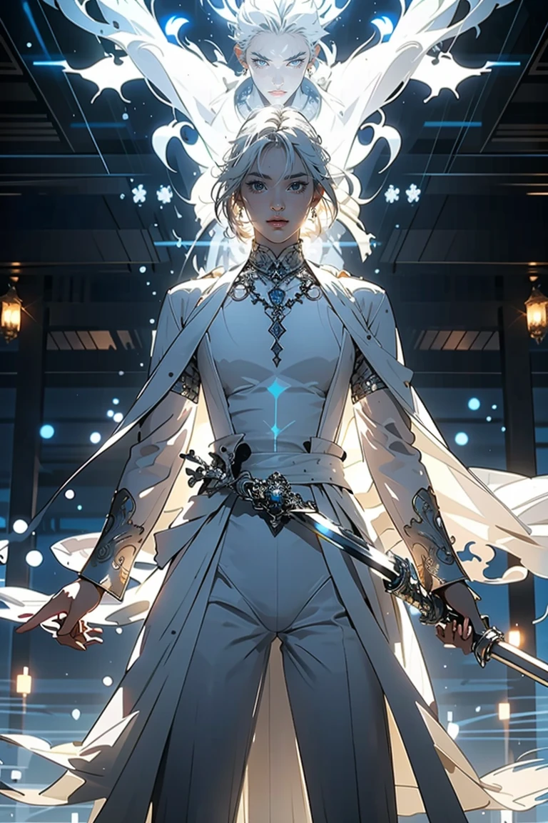 Elegant man, strong physique, white robe, white colored Arabian pants, light blue noble blouse, white boots, messy light blue hair, look of satisfaction, short hair, dark blue colored eyes, noble appearance, holding a silver spear, ancient castle, medieval setting.