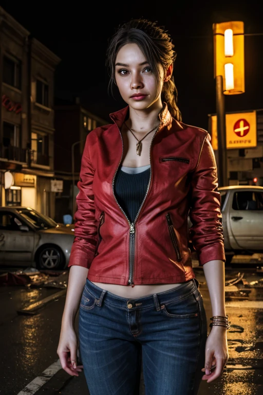 1girl, (realistic),(hyperrealism),(best quality),(masterpiece),(ultra high res),(photorealistic),idol,eye makeup,detailed eyes,detailed face,black dress, claireredfield2, brown hair, (red jacket:1.2), ponytail, (denim pants:1.3),,  red wristband, grey inner bra,,  abandoned street, burning cars in background, littered street, smoke, chaos, zombie apocalypse, nighttime, streetlamp illumination, full moon,,  flirting, looking at viewer, selfie view