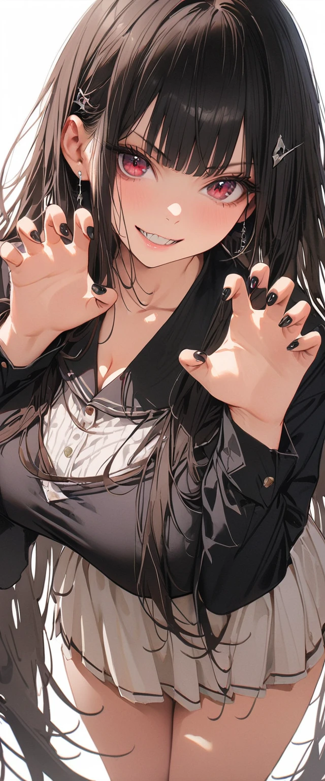 20 years old,1 mature woman,hyperrealistic, 8k, (extremely detailed 8k), (very delicate and beautiful), (masterpiece), (better quality:1.0), (ultra high resolution:1.0), (masterpiece, best quality),cute,black hair,cowboy shot,white background,realistic skin,claw pose,big breasts,evil grin,hime cut,black nail,extra long hair,gothic ta