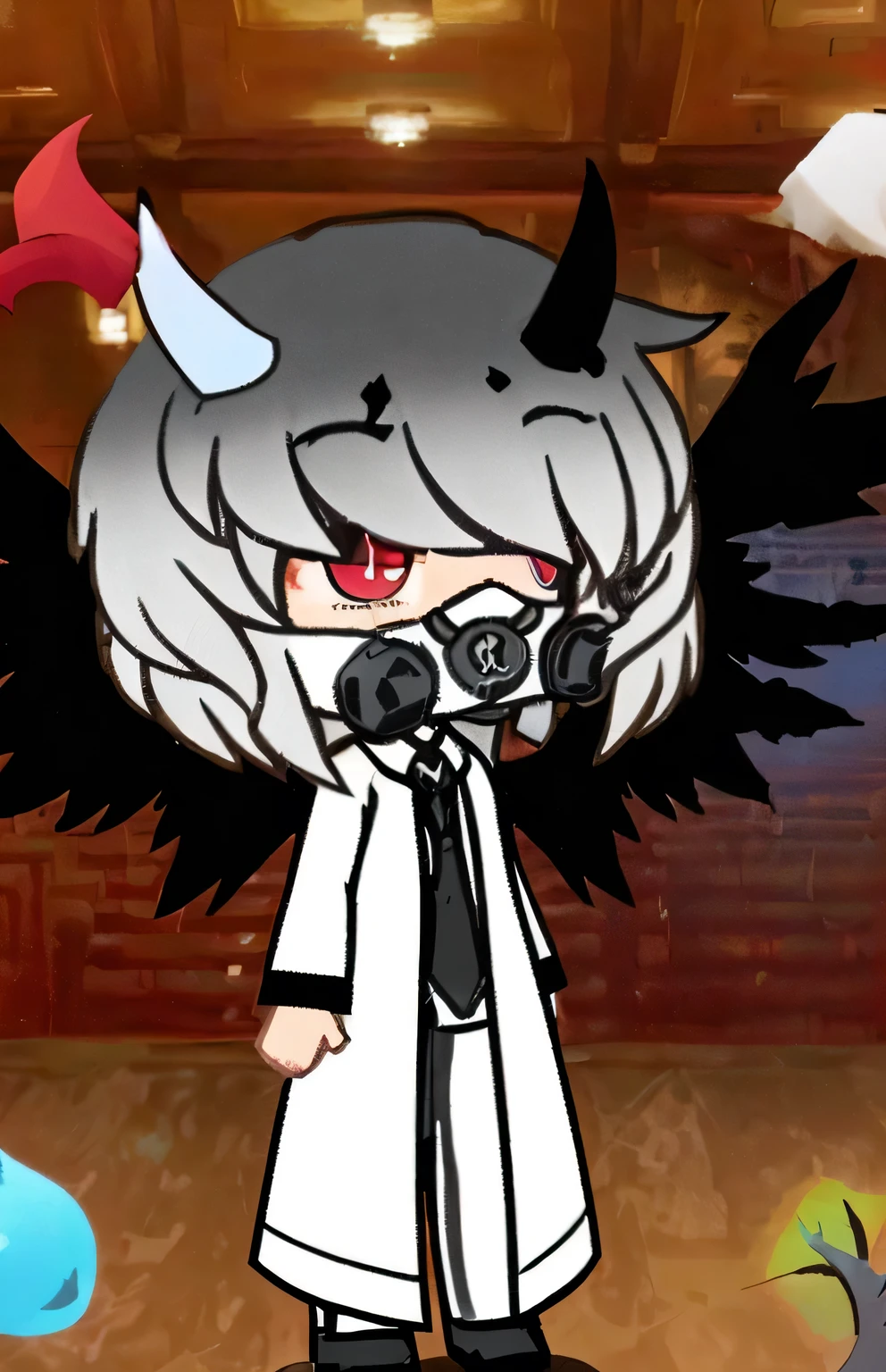 cartoon image of a girl with a devil horns and a white coat, dapper dream demon, ((wearing aristocrat robe)), in style of cytus and deemo, discord pfp, chibi, demon boy, 2b, 2 b, demon, mika kurai demon, fit male demon with white horns, demon male, holding a pudica pose