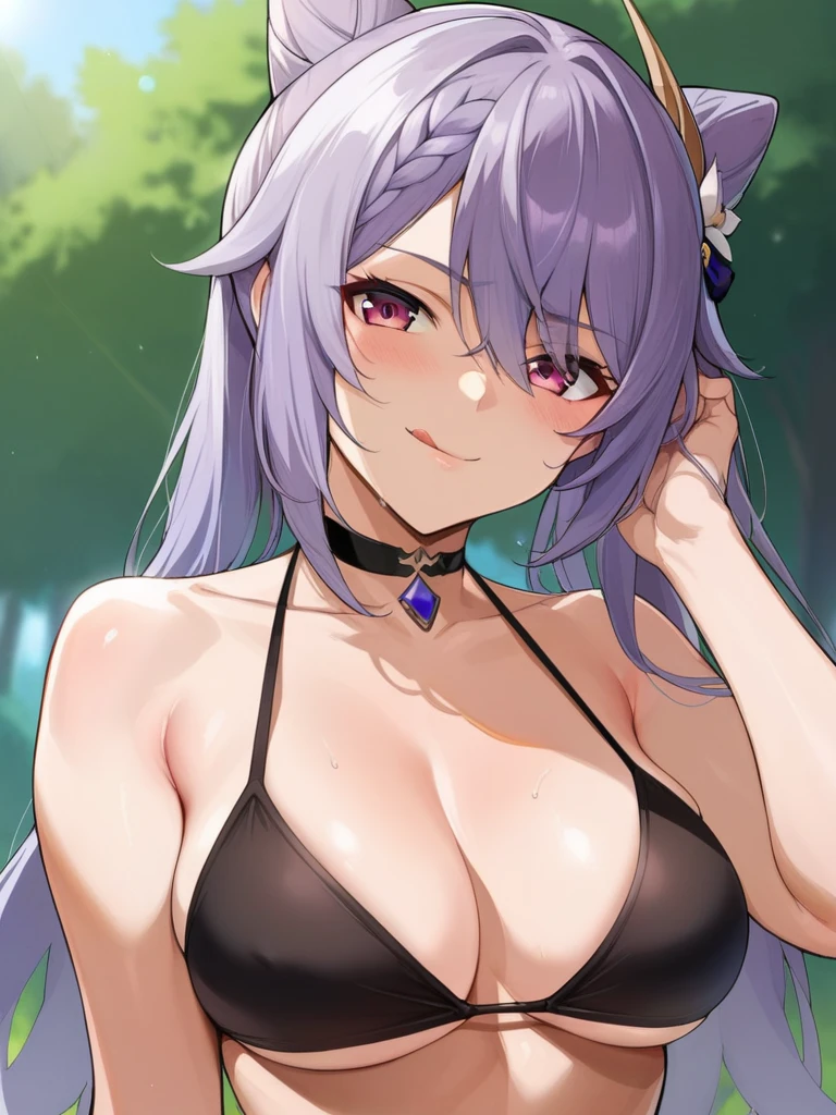 score_9, score_8_up, score_7_up, score_6_up, source_anime, BREAK by ikuchan kaoru, iku, clean color, flat color,1girl, genshin impact, keqing genshin impact, outdoors, in Forest, face focus, face closeup, face, face only, smug, shy, embarrassed, licking lips, ((seductive)), alluring, seduce, hair over one eye, tongue, licking lips, adjusting hair, BLACKED, BLACKED CHOKER, BLACKED CLOTHING, BLACKED ATTIRE, MEME ATTIRE, pan african flag bikini, bnwo