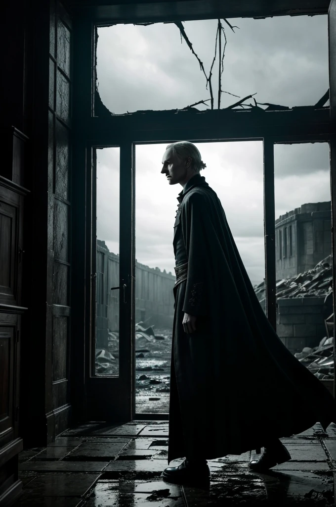 The scene is dark and gloomy, set in the wizarding world under the control of Voldemort. Voldemort sits on a dark throne, radiating power and malevolence, with the magical world seemingly at your feet. Draco Malfoy is standing near him, showing loyalty but with an expression of internal conflict, hinting at an inner turmoil. The environment is gloomy and desolate, reflecting the aftermath of the war. In the background, a partially open door reveals the silhouette of a woman (Hannah Abbott), suggesting an imminent change or revelation. The general atmosphere is one of oppression and tension
