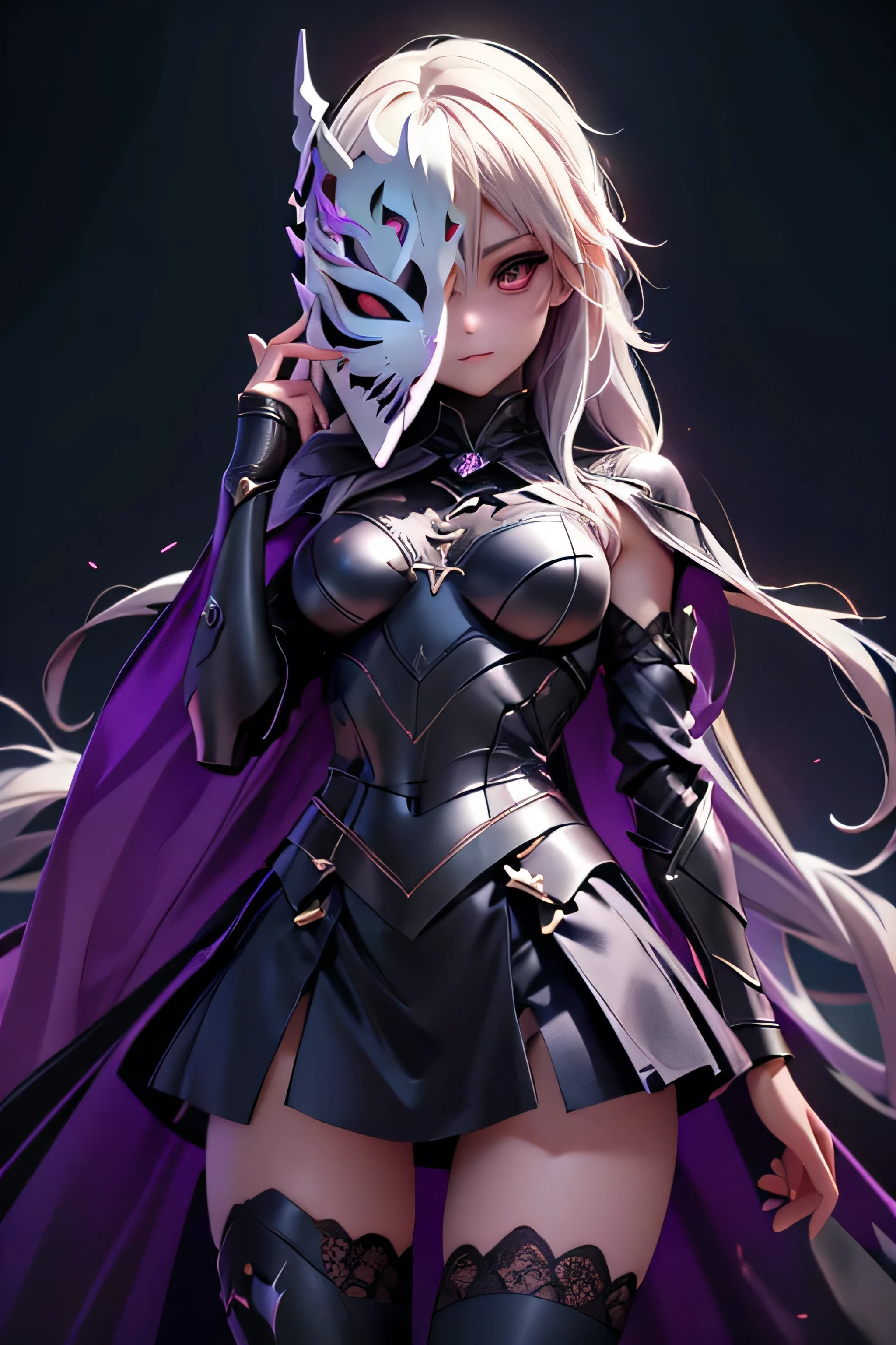 Girl with perfect body, full magic combat armor, armor covering his entire body, hollow mask on the face, lace stockings, magical aura, powers in the hands, be magical, subreal world background