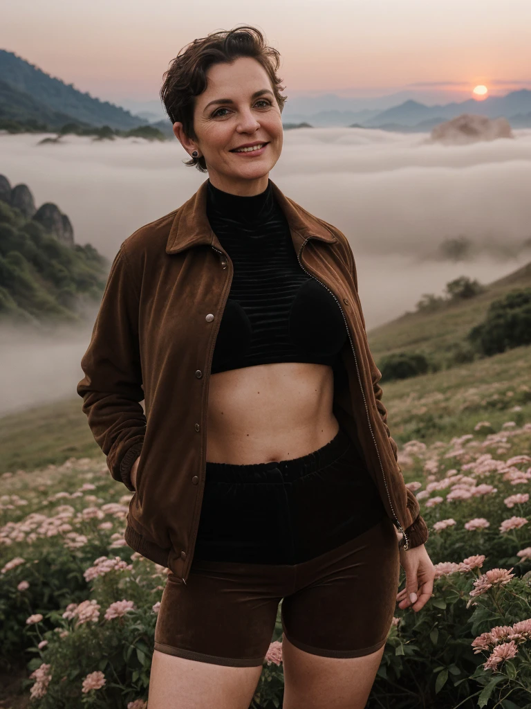 1 girl, photorealistic, realistic, her name is Elise, middle age, a 45-year-old woman with gray hair, body of 45-year-old woman, wrinkles on her face and body, Alpine woman, ((dark brown hair, short hair))), smiling,(((dynamic pose))), , (((The quiet mountains are shrouded in a sea of mist.,Stunning sunrise casting warm hues,Beautiful flowers bloomed in front of us.,The atmosphere is dreamy and peaceful.,Beautiful landscape of Thailand,Harmony between nature and humanity))), (((she choose a cropped corduroy jacket is tailored with a slightly boxy silhouette, featuring a plush texture and a rich color like brown. Its cropped length accentuates the waistline and adds structure to the ensemble. There is no top beneath the jacket, she paired it with color black high-waisted cycling shorts in a sleek, stretchy fabric that conforms to her figure))), (((but out)))