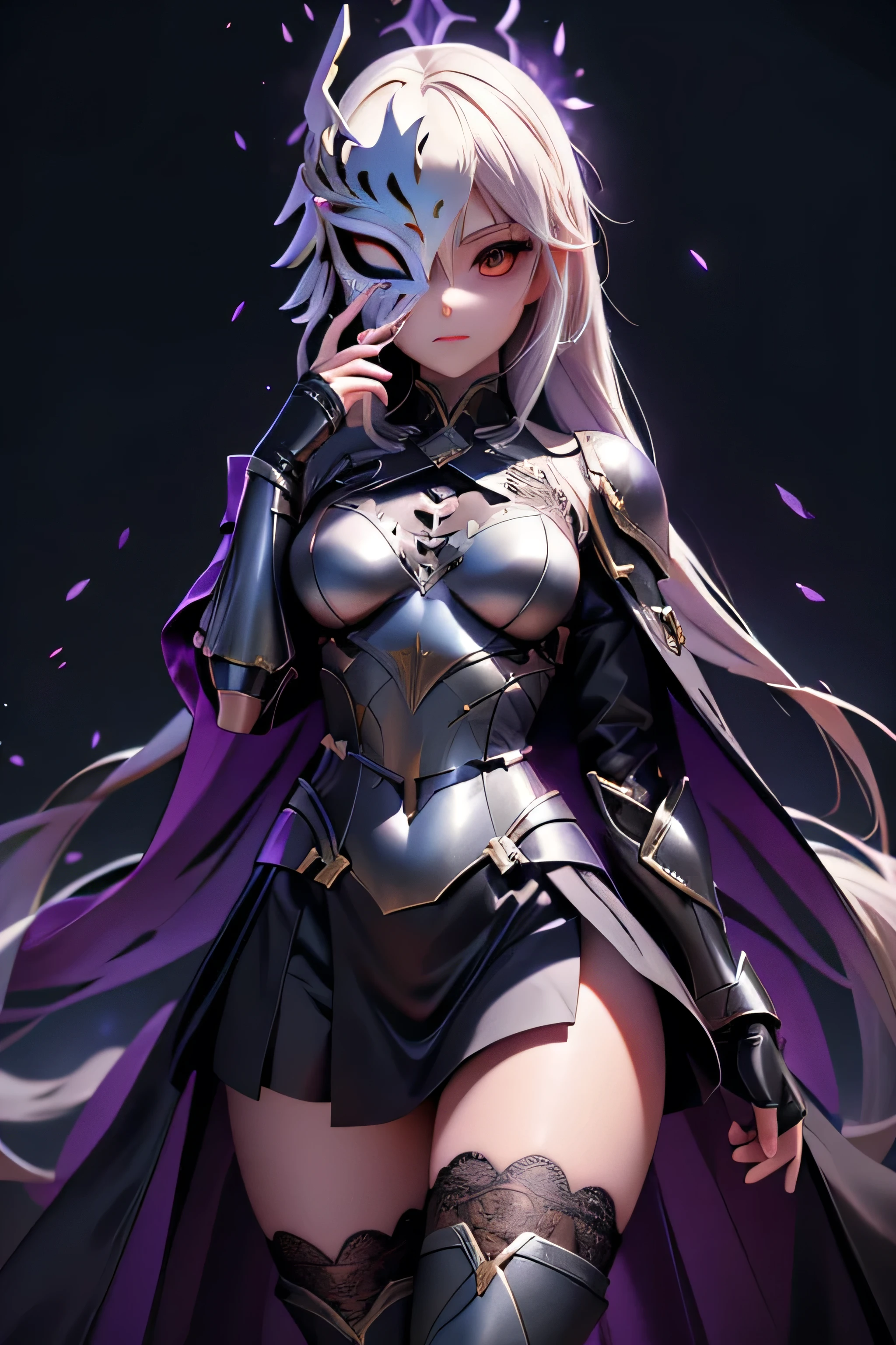 Girl with perfect body, full magic combat armor, armor covering his entire body, hollow mask on the face, lace stockings, magical aura, powers in the hands, be magical, subreal world background