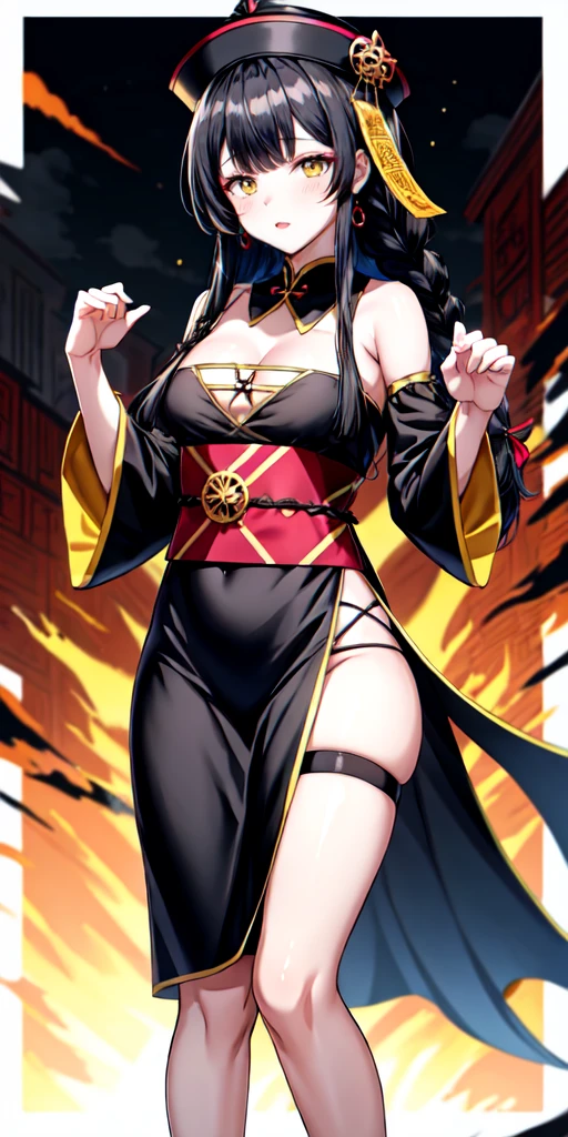 lora:flat:-1.2, masterpiece, best quality, 4k, 8k, 1 woman, solo, tall stature, long hair, blunt bangs, side braid, black hair, ugly face, bad face, bad eyes, droopy eyes, unclear eyes, ruby red eyes, lemon yellow eyes, pale skin, black eyeliner, black eye shadow, heterochromia, slender frame, sad, ofuda, jiangshi costume:1.2, fang, horror, coffin, forest, dark night, stormy weather, fog, from front, cowboy shot, look at viewer, paw pose,