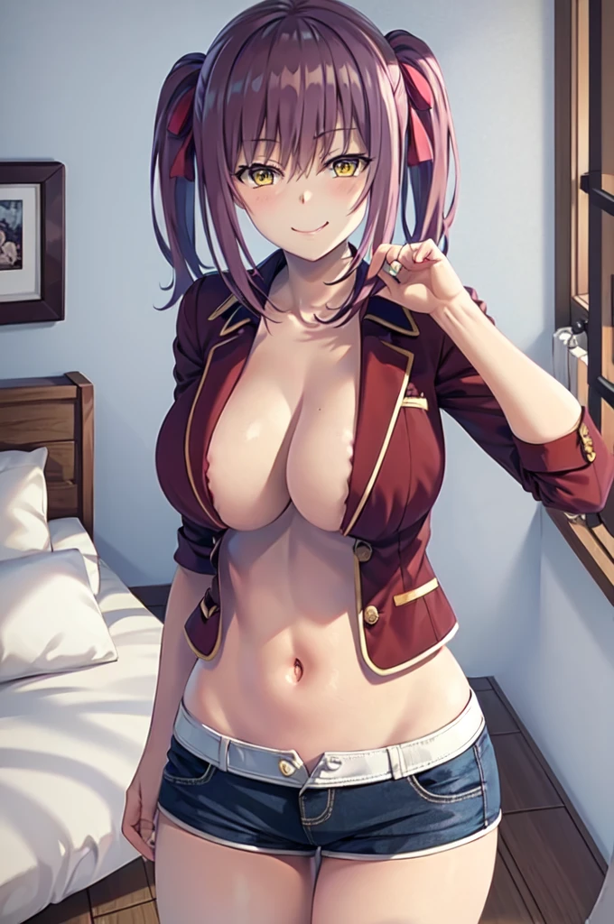 Masterpiece, best quality, highres, yellow eyes, red hair, huge breasts, cleavage, tanktop, shorts, navel, indoors, bed, strapless, close up, face, from above