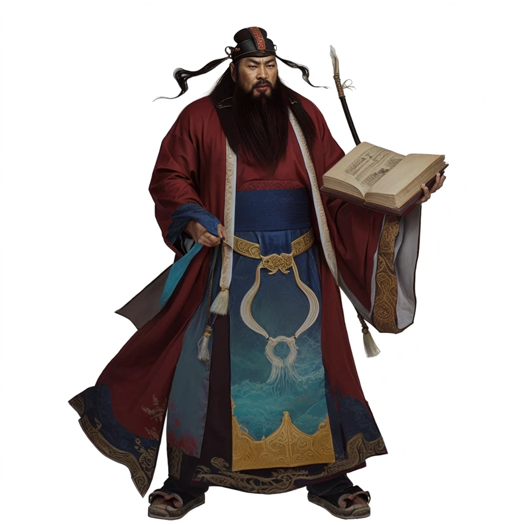 tan skin chinese ancient officer, red wild beard, luxurious red robe, holding a book, a floating Chinese brush on book, one hand put at the back, an ancient Chinese officer hat with 2 extended wings (bat), furious look, angry, taoist priest, 
