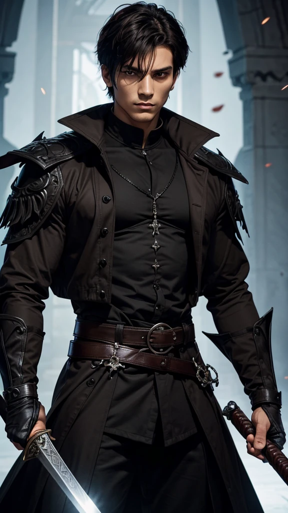 A man, 28 years old, 186cm, jacked body, wearing demon general coat, holding Soul Reaper sword, black short hair, brown eyes, detailed face, detailed clothes, standing firm, fierce expression, fantasy setting.
