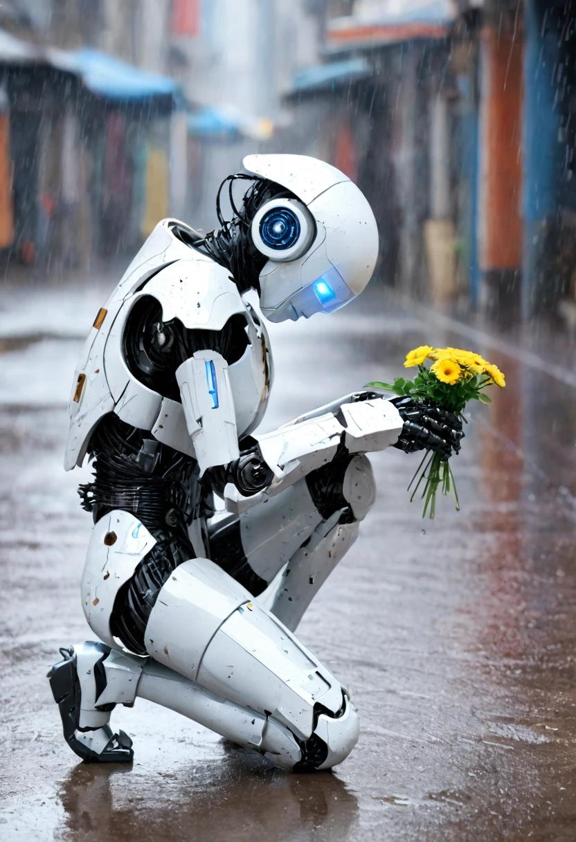 insanely detailed, masterpiece, best quality, 8k, ultra high res, High contrast and low saturation, Create an anime-style illustration of a robot in a rain-soaked ruin, kneeling with one knee, delicately holding a single flower (pinched between its fingers), and gazing at it with a forlorn expression. The robot, with endearing features and a less sleek appearance, exudes a sense of melancholy. Capture the atmosphere of desolation intensified by the rain, while the lone flower symbolizes hope or reflection, adding a touch of warmth and approachability to the character.   