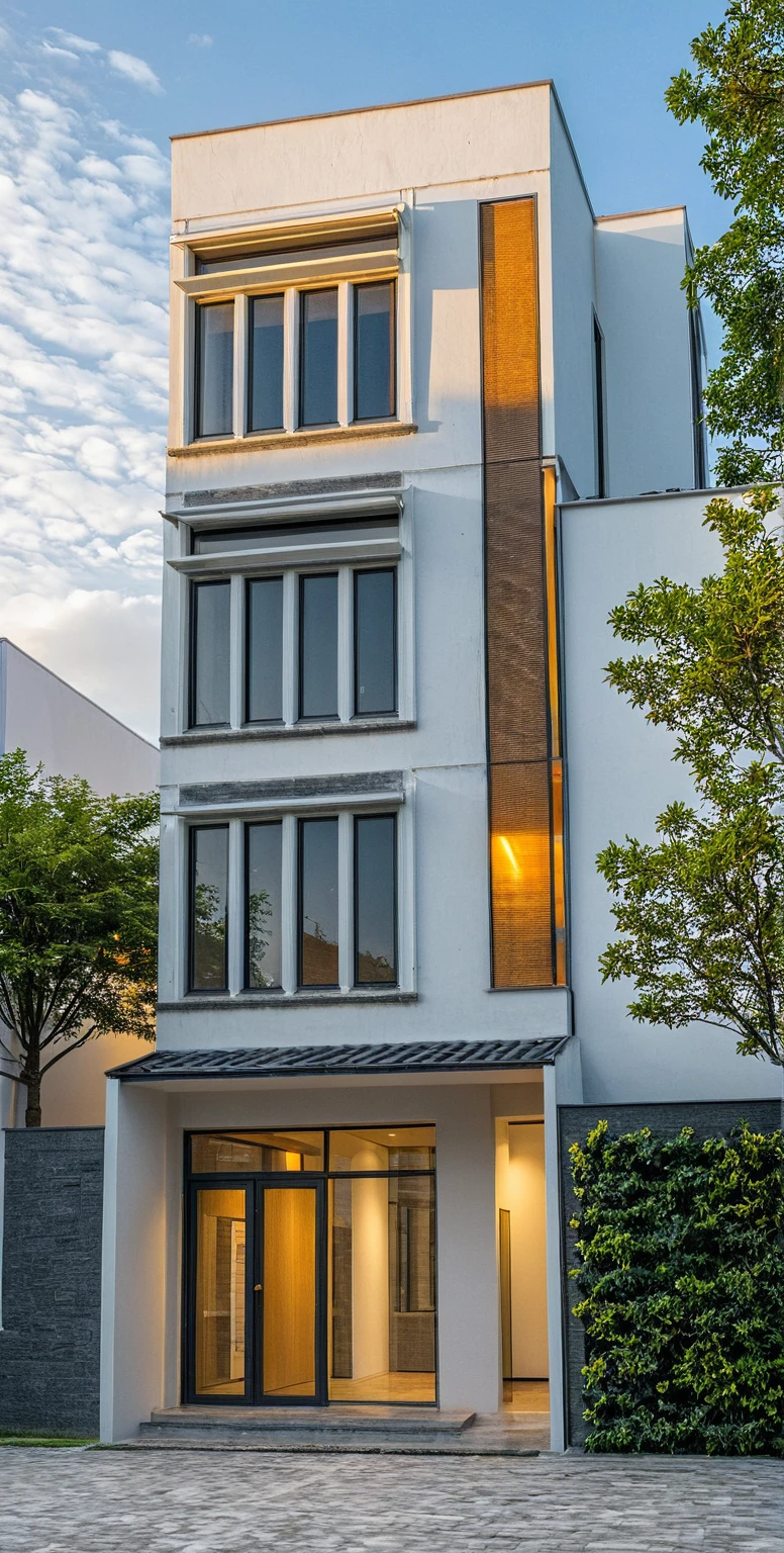 Masterpiece, high quality, best quality, authentic, super detail, outdoors, onestoreyvillaXL, aiaigroup, house style modern on the street ,stairs, white wall ,road,pavement, grass, trees, sky, cloud, (daylight:1.1)