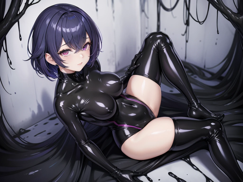Masterpiece, Beautiful art, professional artist, 8k, art style by sciamano240, Very detailed face, Detailed clothing, detailed fabric, 1 girl, Soul Fullness \(Honkai Impact 3rd\), View from above, sitting on the floor with legs crossed, perfectly drawn body, shy expression, 4k eyes, very detailed eyes, pale skin, beautiful face, short dark blue hair, (shiny black tight bodysuit), black gloves, gloves that cover hands, Sensual Lips , evening de invierno, show details in the eyes, looking at the viewer, Dark road, dark forest, evening, Atmosphere, fog