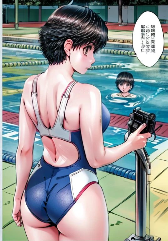 A boyish, short-haired, busty, beautiful-legged woman is standing by the pool in a competitive swimsuit.。Angle from behind。There is a middle-aged man taking pictures of beautiful women.。