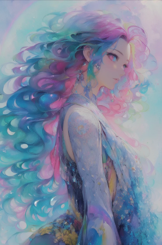 (masterpiece, top quality, best quality,watercolor (medium),official art, beautiful and aesthetic:1.2),(1girl:1.3), (fractal art:1.3),upper body, from side, looking at viewer,patterns,(rainbow color Hair,colorful hair,half blue and half pink hair:1.2),water,liquid, cloud,colorful, starry,stars,