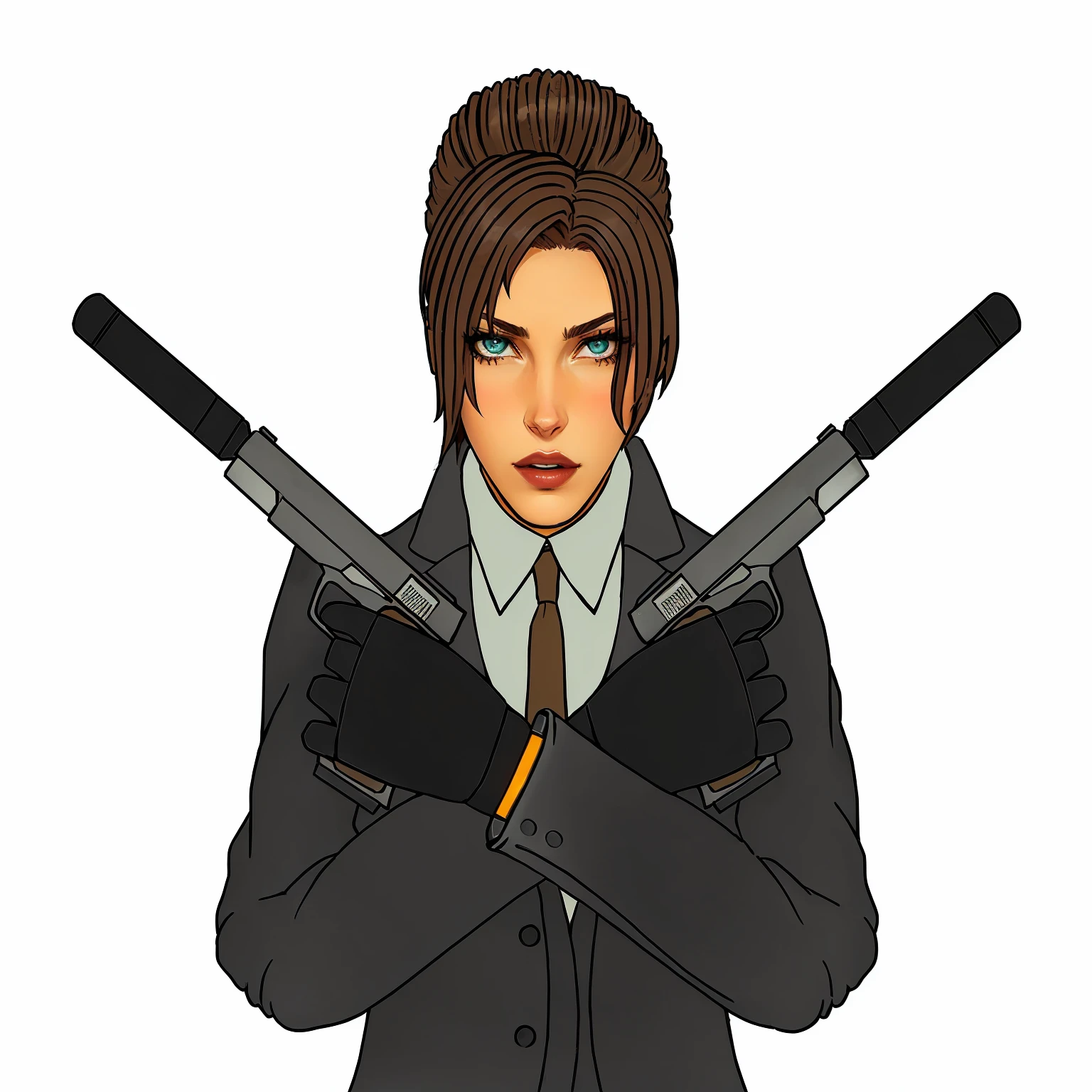 cartoon of a woman in a suit holding two guns, female spy, female investigator, female lead character, revy from black lagoon, with rifle in hands, portrait of lara croft, an edgy teen assassin, revy black lagoon, with pistol, drawn in a neo - noir style, female assassin, beautiful female assassin, anya from spy x family