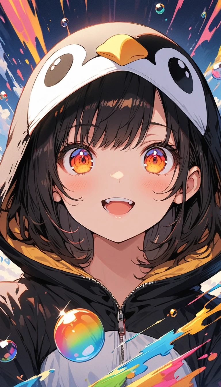 ((Wearing a penguin costume)), girl、cute、Penguin Parade、(Highest quality、masterpiece、High resolution、detailed)、animeスタイル、Flat Style、(Beautiful Eyes, Delicate and beautiful face,), break,girl1人、extremely detailed(The Shining), Best lighting, Best Shadow、floating, (High saturation), (Colorful Splash), Colorful bubbles, (Shine), Focus on the face, Dynamic Angle、anime、Pop Background