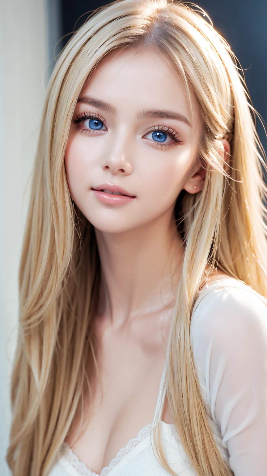 Extraordinary sexy beauty、Beautiful calm and bright expression、Sexy and refreshing look、Long bangs over the eyes、Bangs that cover the face、Perfect beautiful pretty face、Super long shiny blonde silky straight hair、Beautiful face and blonde hair、Very large light blue eyes、Very big eyes、Very white skin, Younger, brighter and more radiant skin、Gloss Face、Cheek gloss、Cheek highlight、Very cute beautiful sexy 若い little woman、Such a perfect and beautiful pretty face、Beautiful and cute eyes、Small Face Beauty、Round face、Frontal shot, from the front