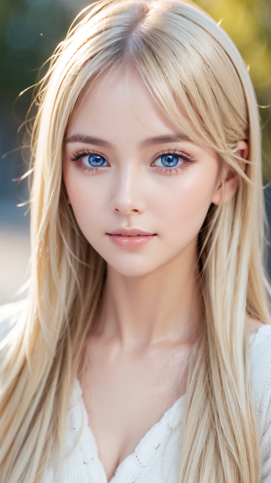 Extraordinary sexy beauty、Beautiful calm and bright expression、Sexy and refreshing look、Long bangs over the eyes、Bangs that cover the face、Perfect beautiful pretty face、Super long shiny blonde silky straight hair、Beautiful face and blonde hair、Very large light blue eyes、Very big eyes、Very white skin, Younger, brighter and more radiant skin、Gloss Face、Cheek gloss、Cheek highlight、Very cute beautiful sexy 若い little woman、Such a perfect and beautiful pretty face、Beautiful and cute eyes、Small Face Beauty、Round face、Frontal shot, from the front