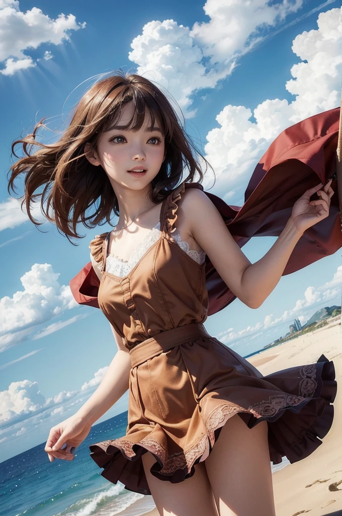 (masterpiece, Highest quality, 8K, High resolution),(Realistic skin texture, Perfect Face, Realistic, Perfect hands, Perfect finger count, Japanese, Girl), (), Big Eyes, Brown eyes, Light brown hair, bangs, short hair, Red hair ribbon, Small face, Smile, (Lace frilled dress, Cameltoe, Panty shot)), Are standing, Lift up the skirt, Sandy Beach, Blue sky and clouds, Hair blowing in the wind, Low - Angle