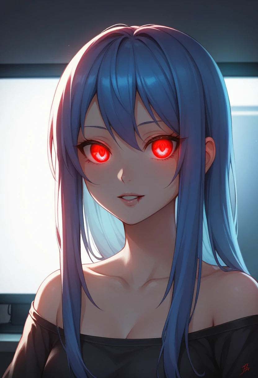 masterpiece, 1 girl, upper body, upclose, girl infront, looks at the viewer, Eyes in TV, Monitors with eyes in background, in doors, red eyes, blood, long blue hair, blue hair, many details, back facing viewer, head turned to look at viewer, emotionless, dim room, only light from tv monitors, monitors with eyes, Many screens showing different things, 1 girl in a screen, detailed eyes in the other screens, well lit, blood on hair, blood dripping from eyes, eyes with crosses in them, pale skin, seperate monitors, emotionless face, glowing eyes, long hair, white hair, eyes split in half, detailed, neon eyes, beautiful eyes, cool eyes, large monitor screen displaying beautiful eyes in background, girl in the center, silhouette of a girl in the center, red lighting, red eyes, blood, detailed, glowing, dim room, lighting from screens, massive screens displaying giant girl in the background , long hair,in a cinema room, dim lighting, bright lighting, red eyes, girl on screen panel, eyes in screen panels, long red hair, bright red hair, long hair, hair glowing, well lit, detailed, detailed lighting, well lit hair, well lit face, looking at viewer, dim room, screen monitor panels, monitors with girl in them, emotionless expression, eye in monitor screen, lots of monitor panels, sectioned panels, glowing eyes, red eyes,